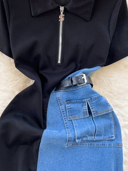 Color-Block Patchwork Denim Short-Sleeve Midi Dress