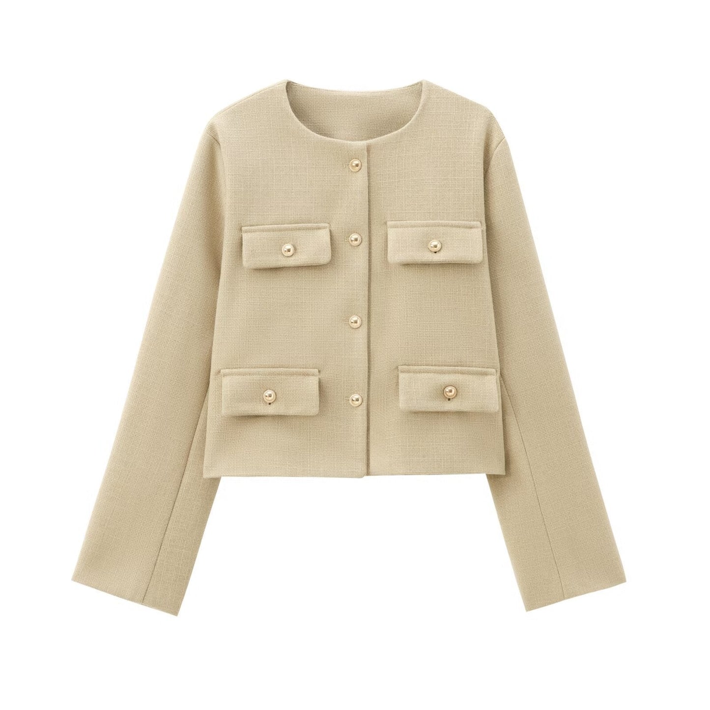 Pocket-decorated Crew-neck Cropped Chic Chanel-style Jacket Top