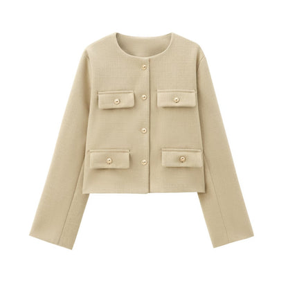 Pocket-decorated Crew-neck Cropped Chic Chanel-style Jacket Top