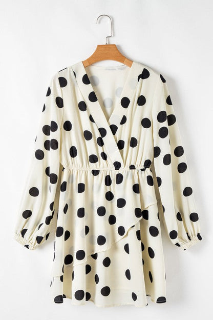 Polka Dot Surplice V-Neck Puff Sleeve Mini Dress