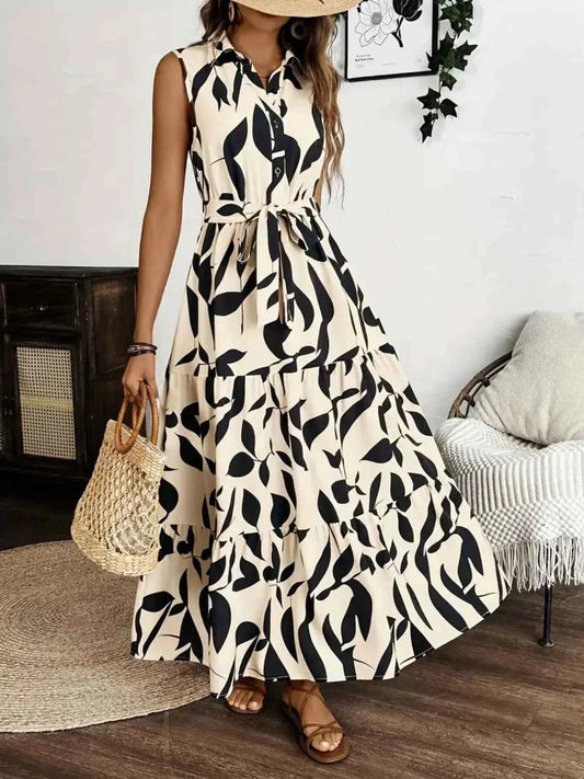 Printed Maxi Dress with Tie Waist - Sleeveless Elegance