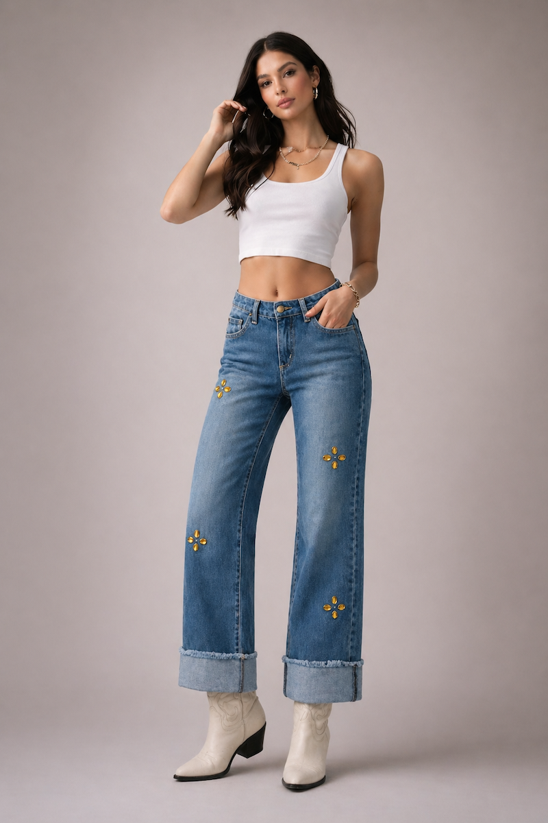 Low Rise Gem Studded Jean