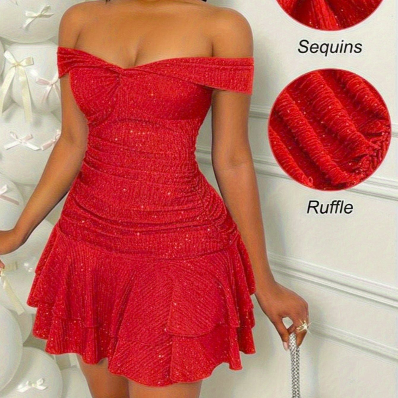 Sequin Off  Shoulder Ruffle Dress for Women