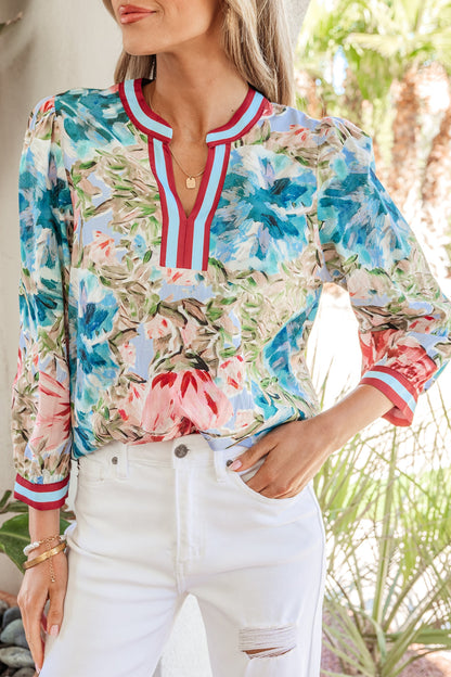 Floral Contrast Trim V-Neck Cuffed 3/4 Sleeve Blouse