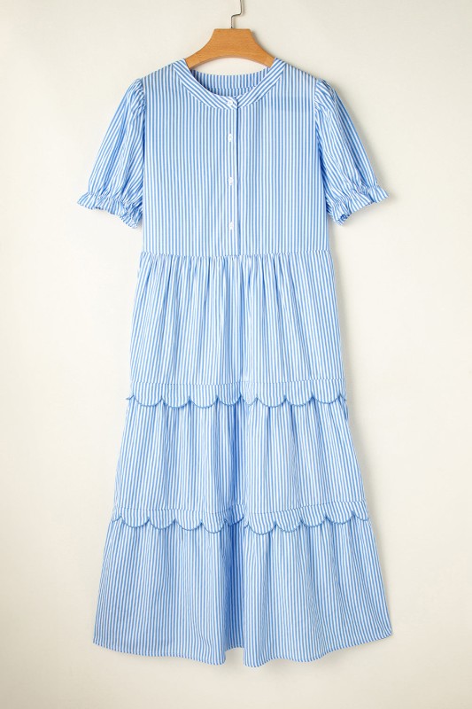 Noah Stripe Tiered Scallop Long Dress