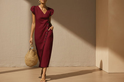 Women’s Casual V-Neck Short Sleeve Midi Dress