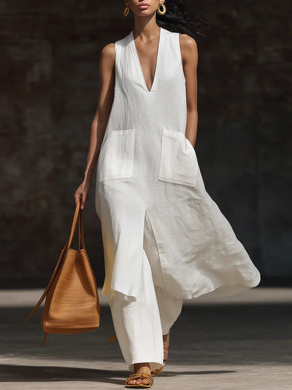 Women's V-Neck Sleeveless Linen Dress Set – Casual Chic