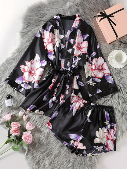 Women's Spring Summer Youth Satin-like Silk Kimono Robe Foreign Trade Floral Open Front Morning Robe Bathrobe