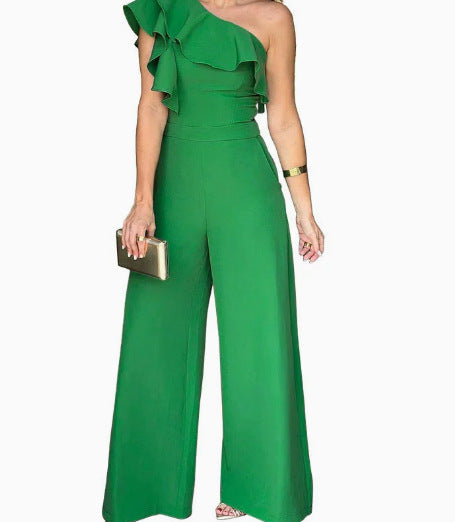 Chic Off-Shoulder High-Waisted Loose Straight-Leg Women's Jumpsuit with Ruffles