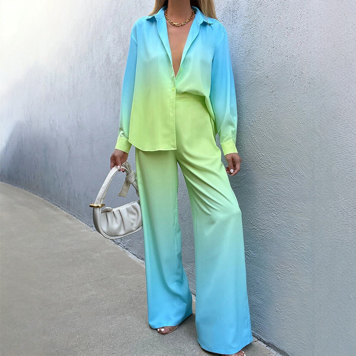 Gradient Color Shirt Wide-Leg Pants Set for Women, Fashionable Commute Chic Two-Piece Outfit