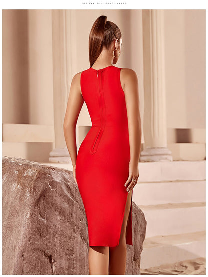 Red Bandage Dress Sleeveless Sexy Celebrity O Neck Hollow Out Dress Vestidos