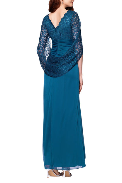Betsy and Adam Carmyn V-Neckline Three-Quarter Lace Side Ruche Long Gown Dress