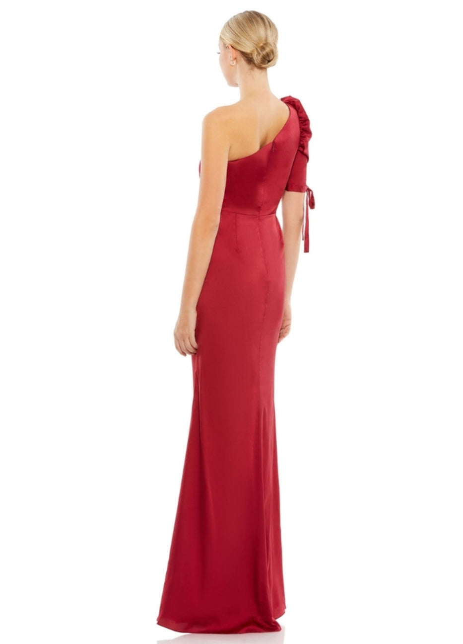 Ieena Mac Duggal 55632 Satin One Shoulder Puff Sleeve Trumpet Gown