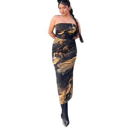 🌞 Summer Strapless Printed Tube Dress – Slim Fit Bodycon Mini