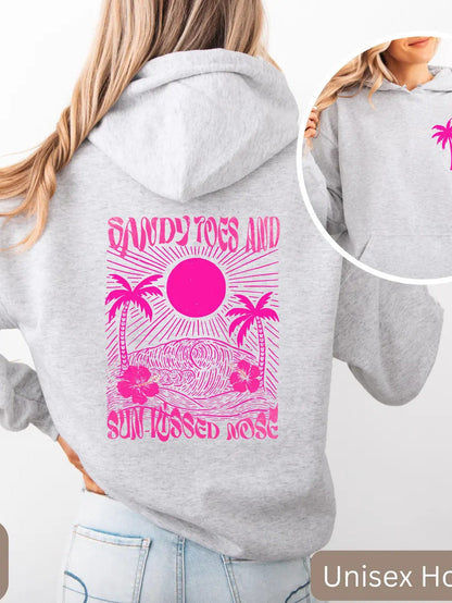 Palm Print Hoodie with Purple Bauhinia for Girls' Beach Long Sleeve Dress