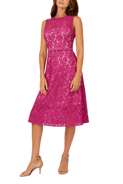 Adrianna Papell Lace Round Neckline Sleeveless Back Zipper Closure Fit-and-Flare A-Line Dress