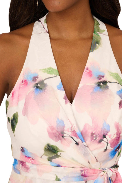 Adrianna Papell Floral Print Deep V-Neckline Sleeveless Waist Tie Chiffon Halter Dress