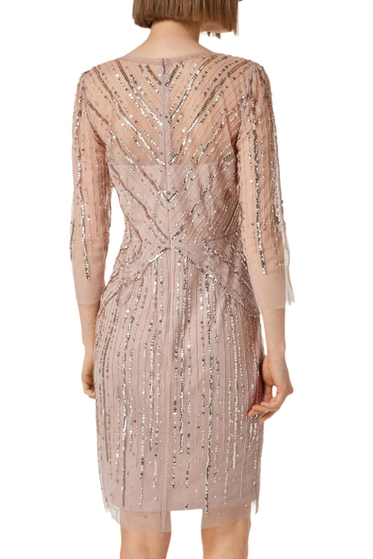 Adrianna Papell V-Neck 3/4 Sleeves Sequined Lace Trim Zipper Back Mesh Dress