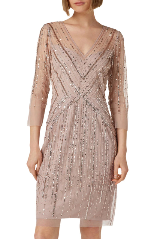 Adrianna Papell V-Neck 3/4 Sleeves Sequined Lace Trim Zipper Back Mesh Dress