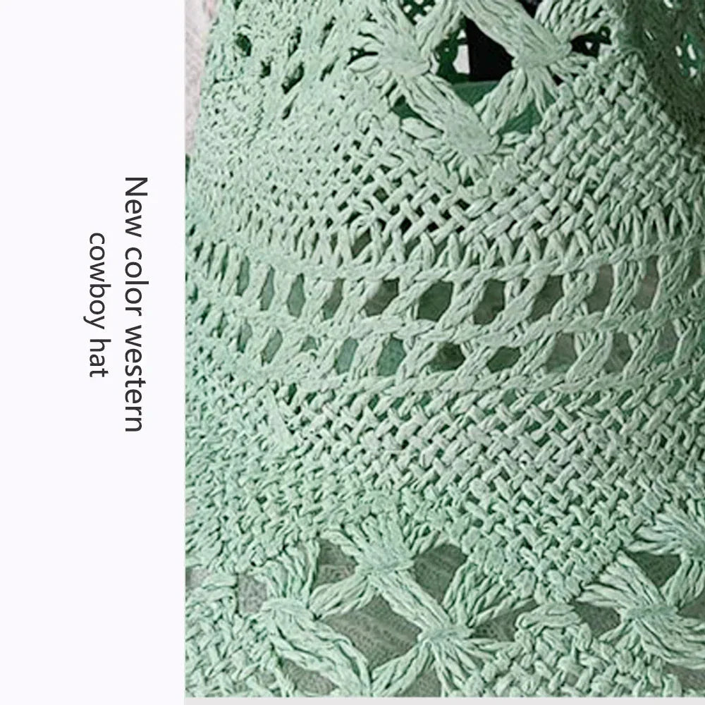 Melesh Western Women's Mint Green Cowboy Hat Straw Cowboy Hat Plasticity Strong Wide Brim Sunshine Beach Western Cowboy Hat
