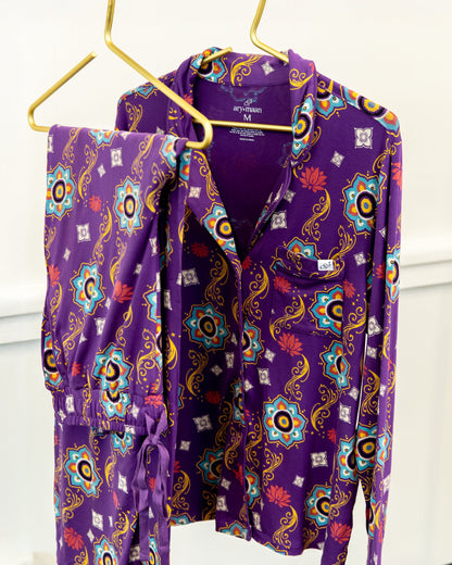 Adult Long Sleeve Button-Down Top – Purple Rangoli