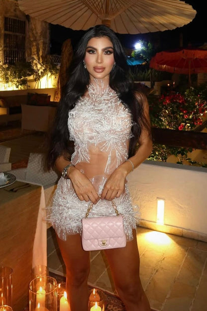 Jessica Bara Cady Rhinestone Pearl Mesh Mini Dress