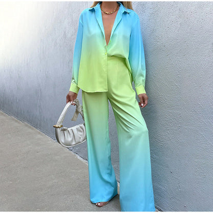 Gradient Color Shirt Wide-Leg Pants Set for Women, Fashionable Commute Chic Two-Piece Outfit