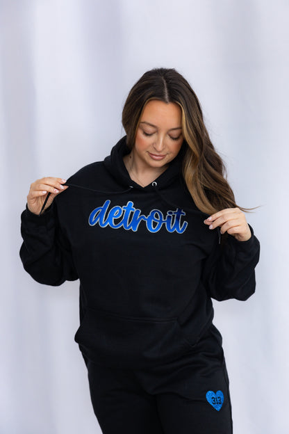 Black Detroit Script Sparkle + Puff Sweatsuit