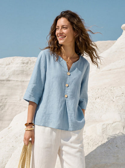 100% Linen Split Neck Inverted Pleat Top TABITHA