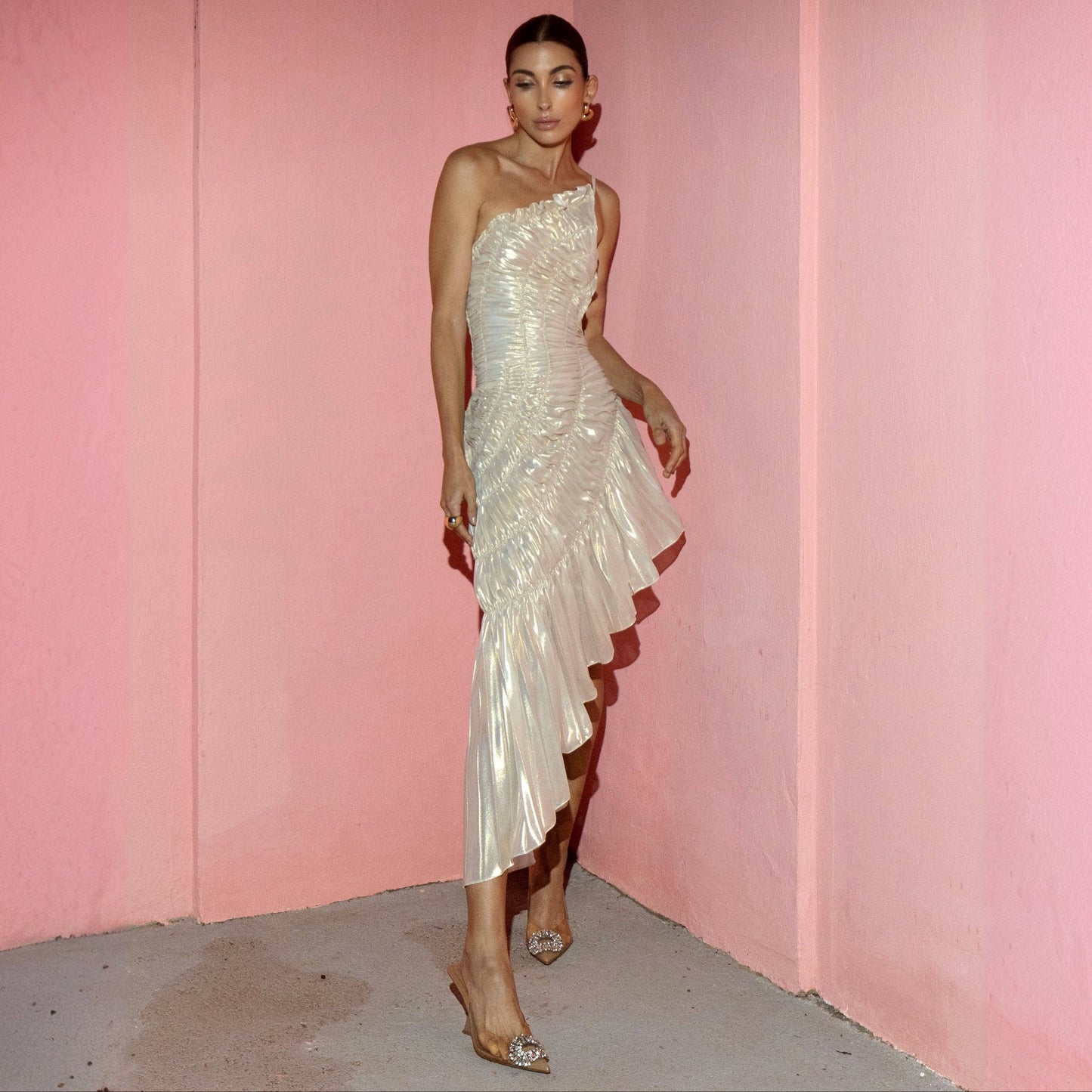 Belissa Silver Pleated Asymmetric Midi Dress