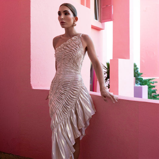Belissa Silver Pleated Asymmetric Midi Dress