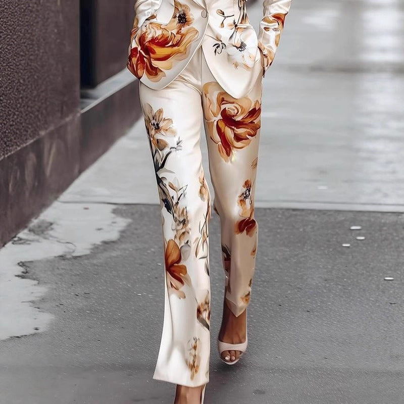 Fashion Printed Satin Long Sleeve Suit Set Two-Piece Set