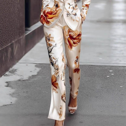 Fashion Printed Satin Long Sleeve Suit Set Two-Piece Set