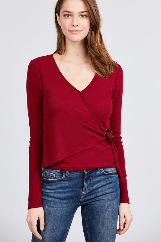 Burgundy Side Buckle Detail Rib Knit Top