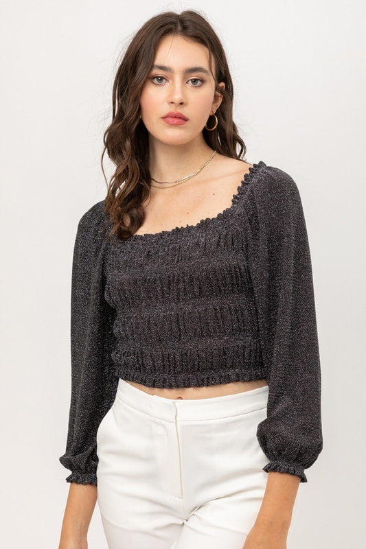 Black Shimmer Smocked Crop Top