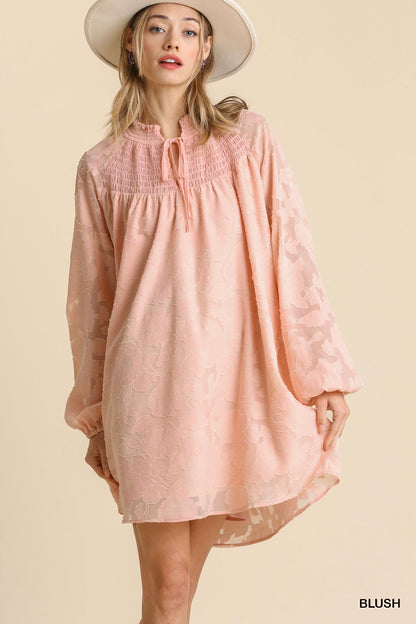Umgee Jacquard Smocked Tie Neck Dress