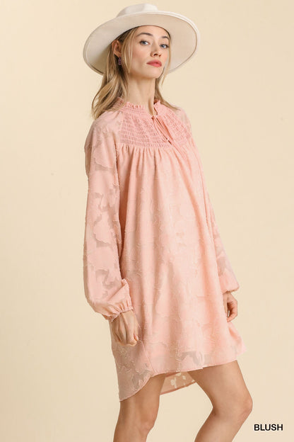 Umgee Jacquard Smocked Tie Neck Dress