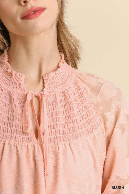 Umgee Jacquard Smocked Tie Neck Dress