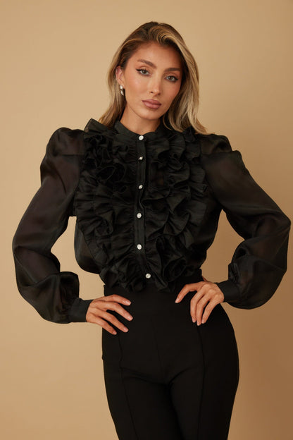 Ruffle Micro Crystal Long Sleeve Blouse in Black