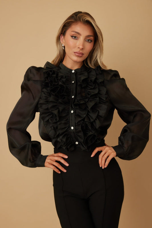 Ruffle Micro Crystal Long Sleeve Blouse in Black