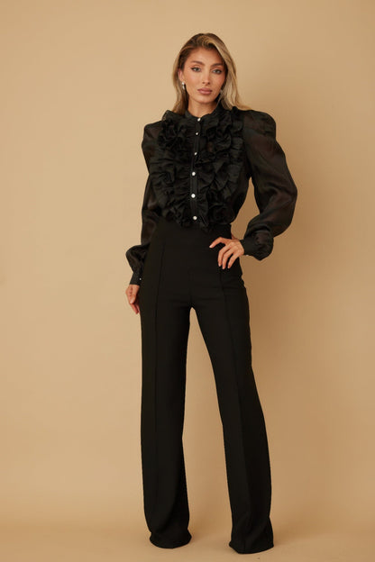 Ruffle Micro Crystal Long Sleeve Blouse in Black
