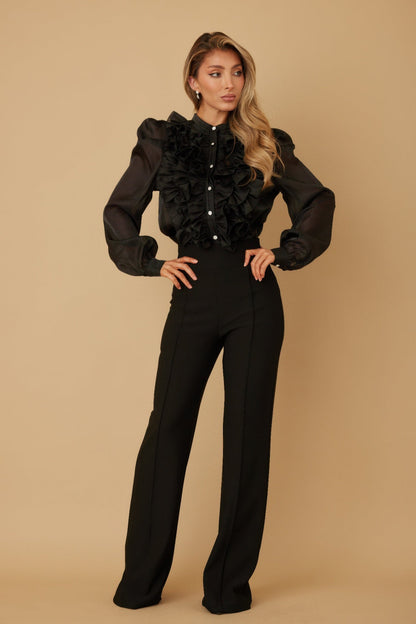 Ruffle Micro Crystal Long Sleeve Blouse in Black