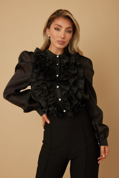 Ruffle Micro Crystal Long Sleeve Blouse in Black