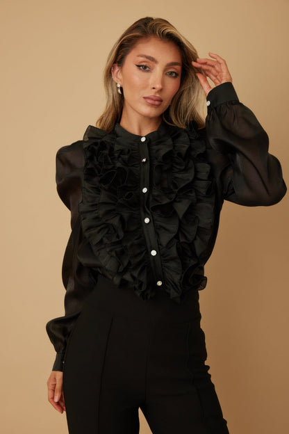 Ruffle Micro Crystal Long Sleeve Blouse in Black