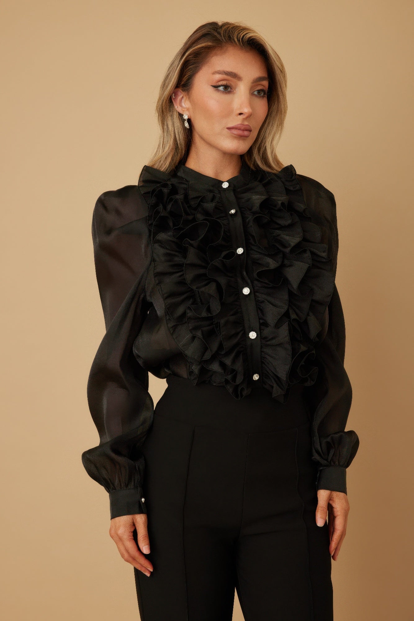 Ruffle Micro Crystal Long Sleeve Blouse in Black
