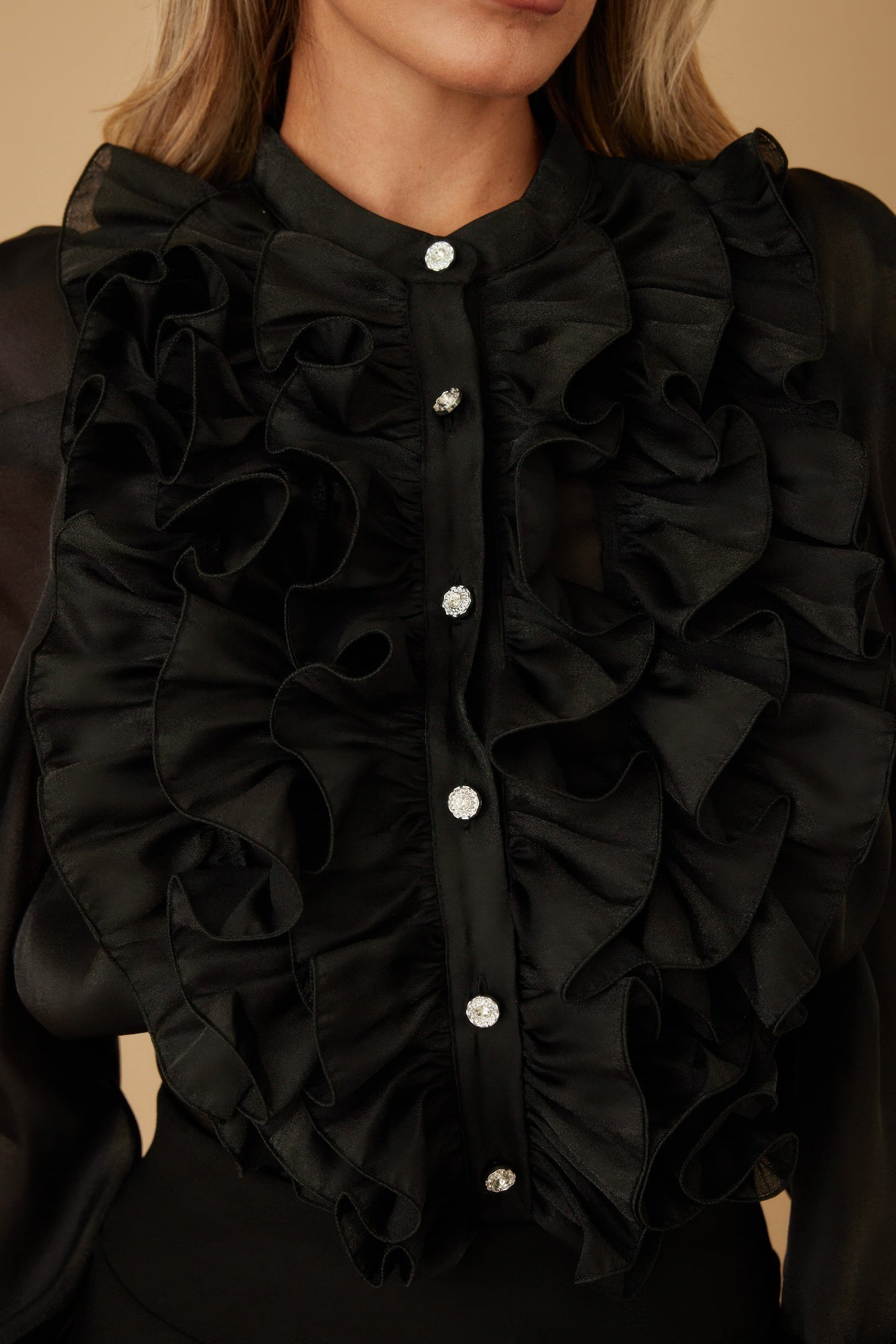 Ruffle Micro Crystal Long Sleeve Blouse in Black