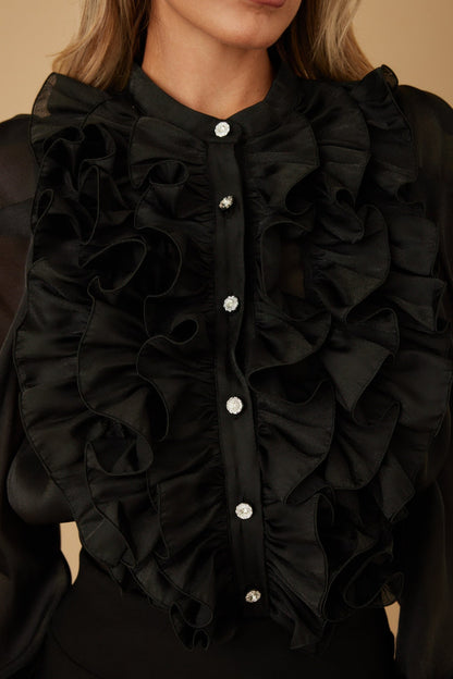 Ruffle Micro Crystal Long Sleeve Blouse in Black