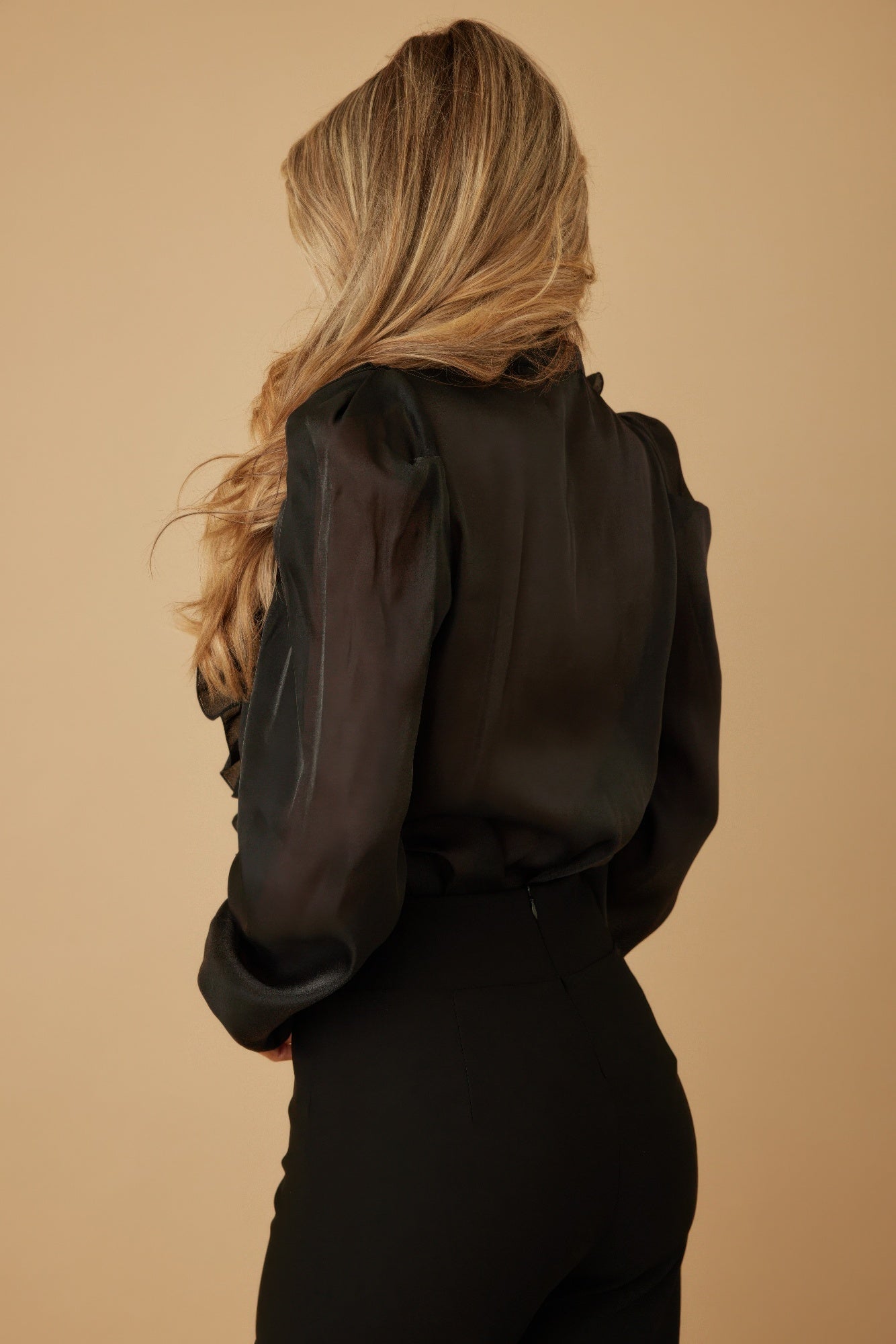 Ruffle Micro Crystal Long Sleeve Blouse in Black
