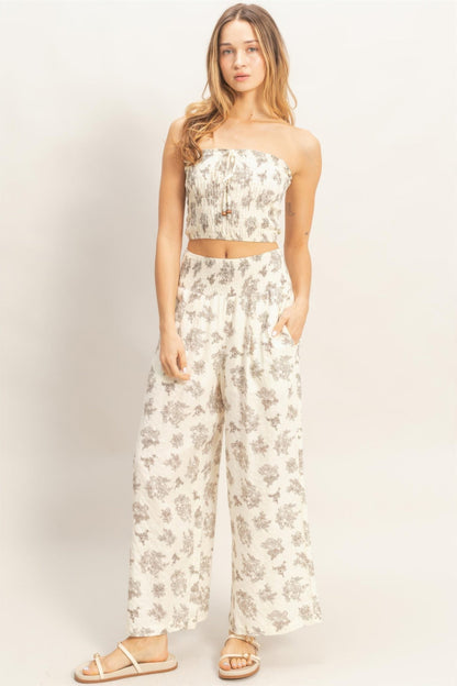 Smocked Tube Top & Wide-leg Pants Set in Natural