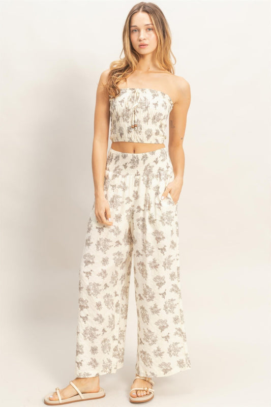 Smocked Tube Top & Wide-leg Pants Set in Natural